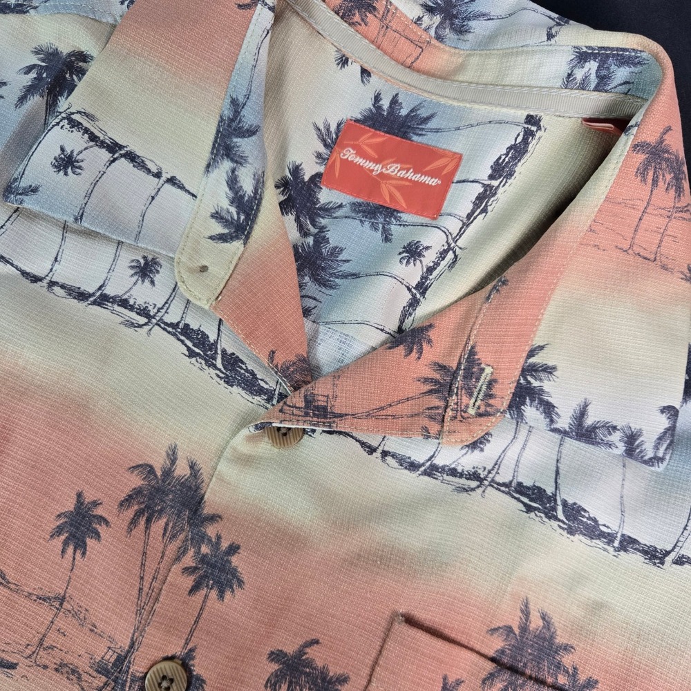 Tommy Bahama Mens XL Silk Tropical Sunset Palm Tree Hawaiian Camp Shirt Peach